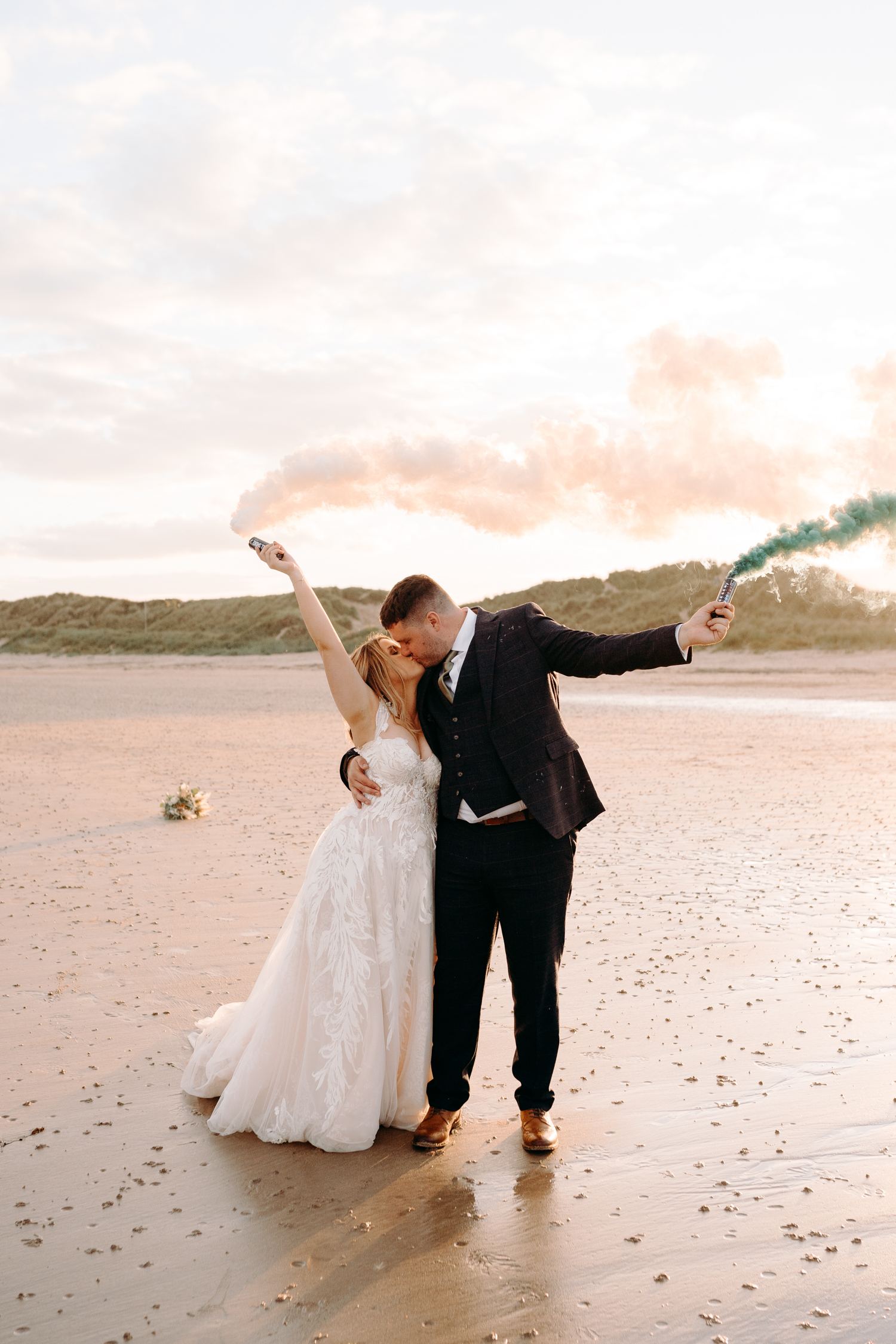 Smoke bomb beach wedding photography