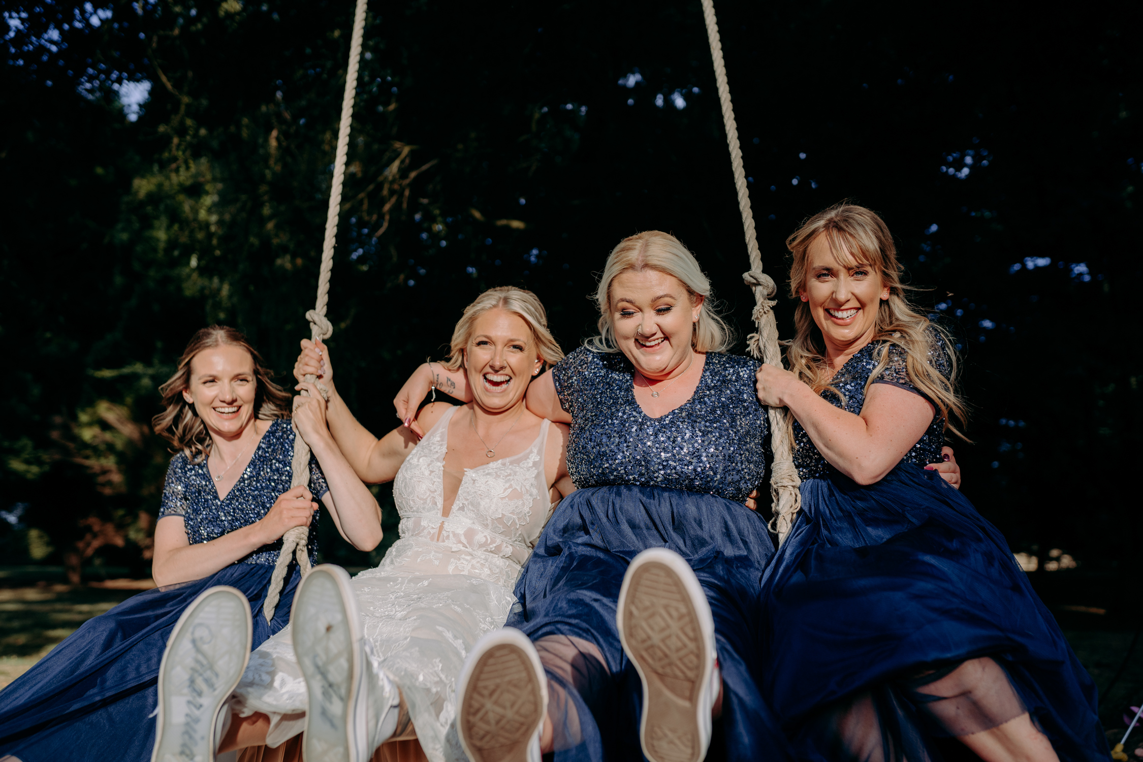 fun group wedding photos with bridesmaids