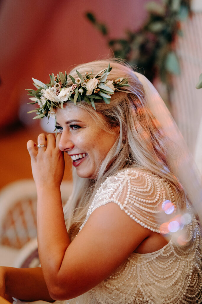 Emotional bride during speeches