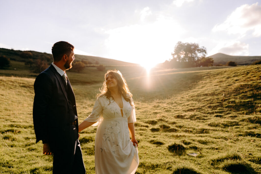 sunset wedding portraits at summer wedding at Losehill House, Peak District wedding venue