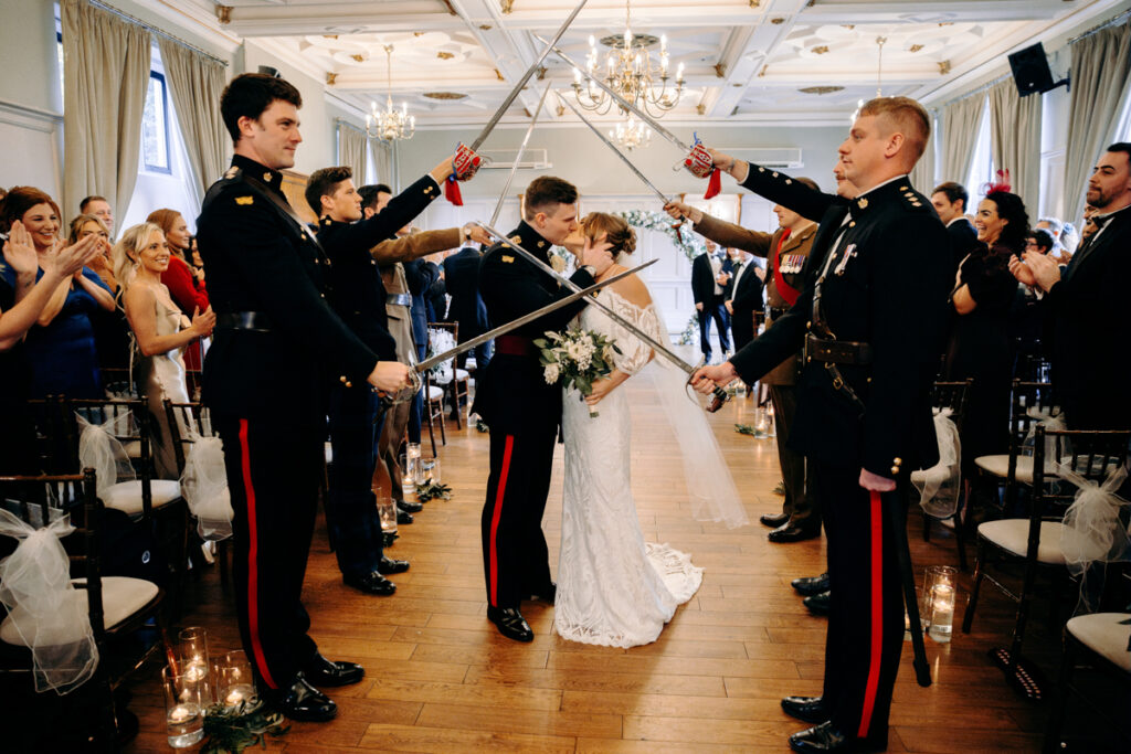 guard of honour at winter wedding at the maynard, peak district wedding venue