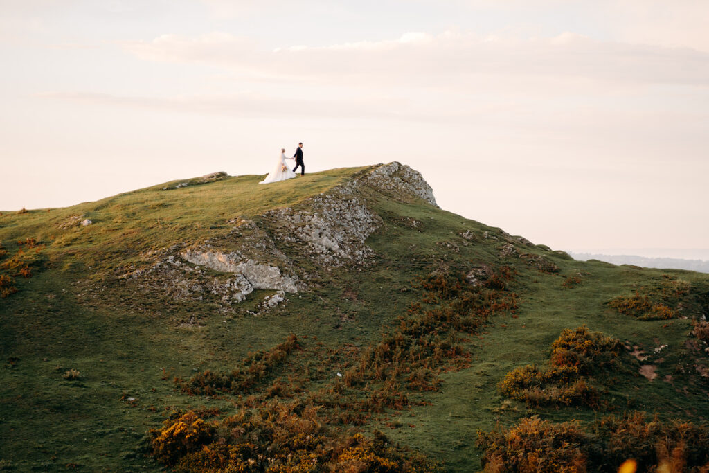 golden hour, sunset wedding photography at moel findeg in north wales