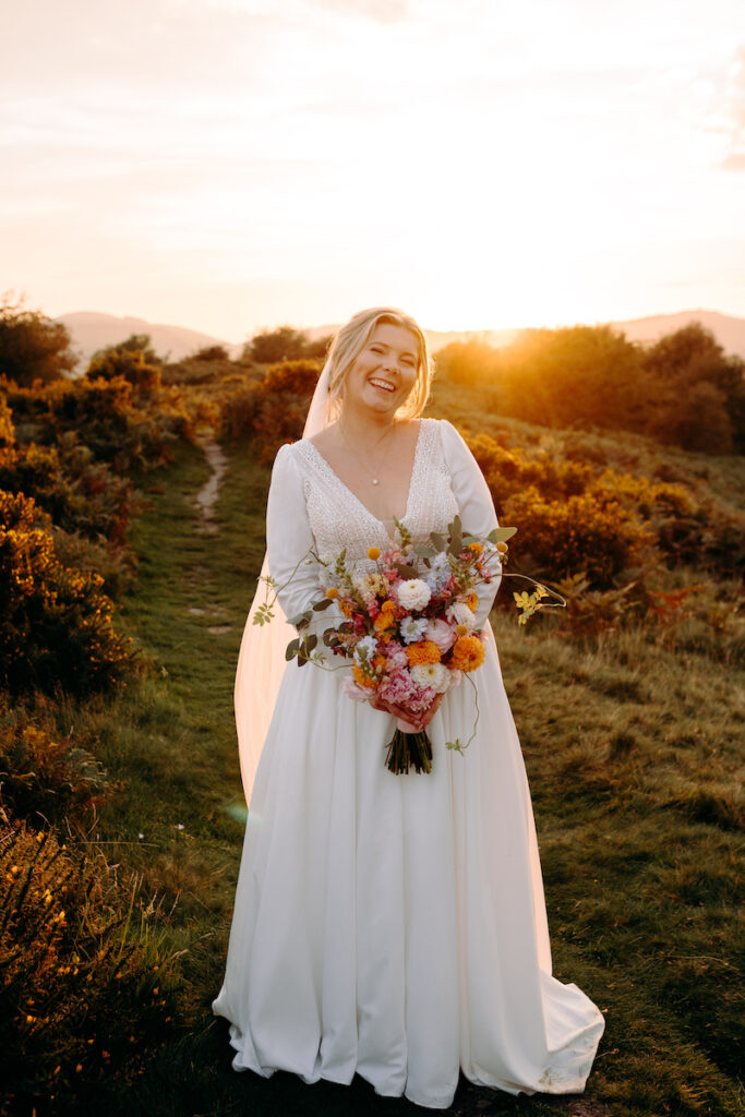golden hour, sunset wedding photography at moel findeg in north wales
