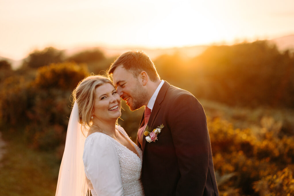 golden hour, sunset wedding photography at moel findeg in north wales