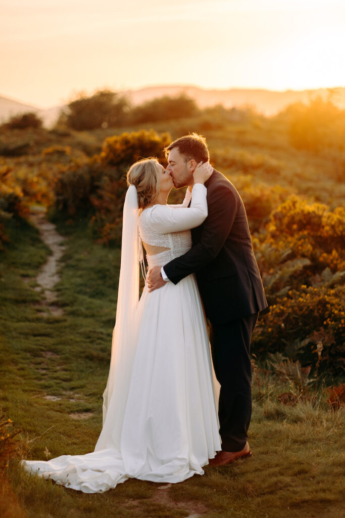 golden hour, sunset wedding photography at moel findeg in north wales