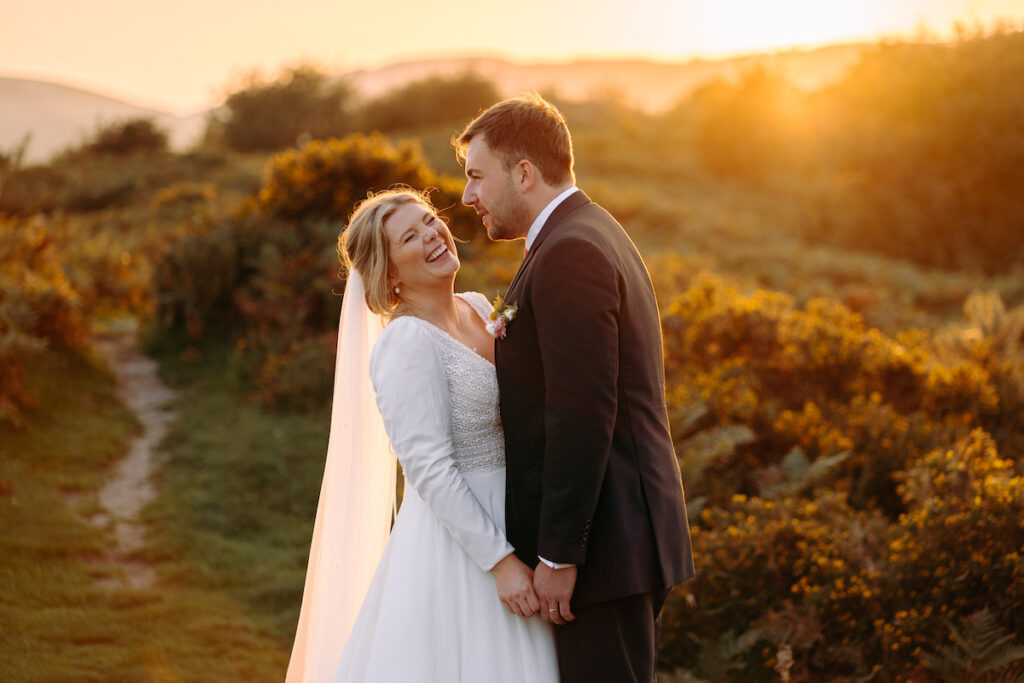 golden hour, sunset wedding photography at moel findeg in north wales