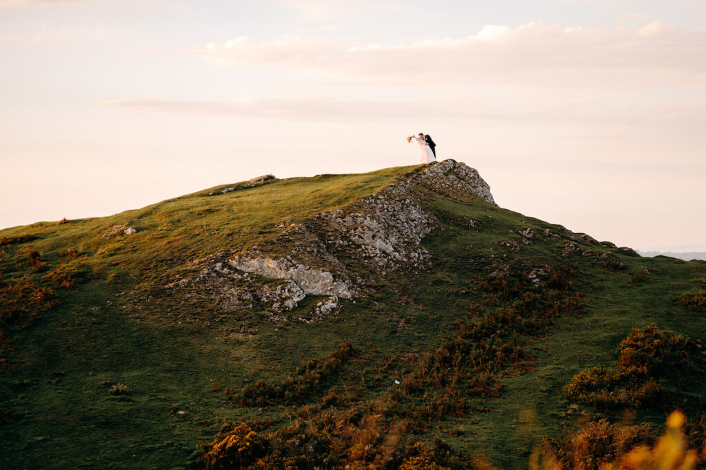 golden hour, sunset wedding photography at moel findeg in north wales