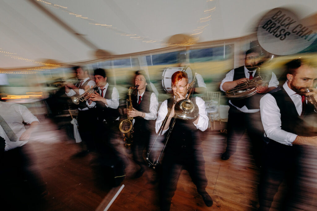 backchat brass fun dance floor wedding photography at eyam hall weddings