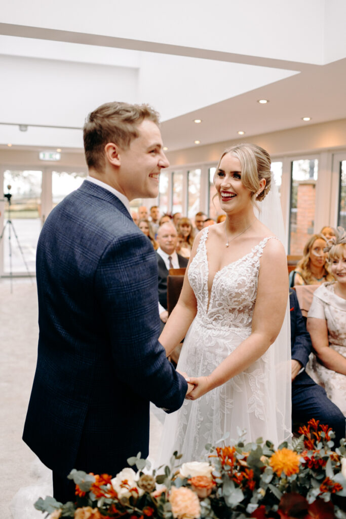wedding ceremony at october wedding at the white hart inn, derbyshire