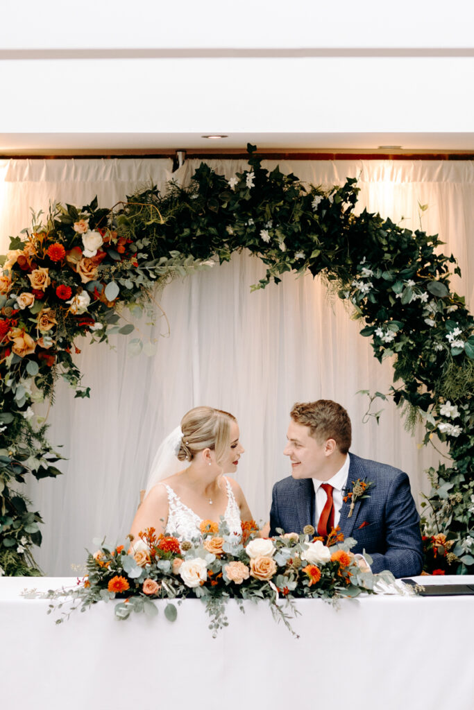 wedding ceremony at october wedding at the white hart inn, derbyshire