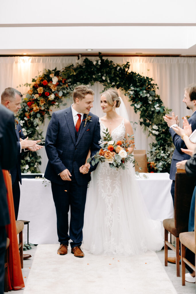 wedding ceremony at october wedding at the white hart inn, derbyshire