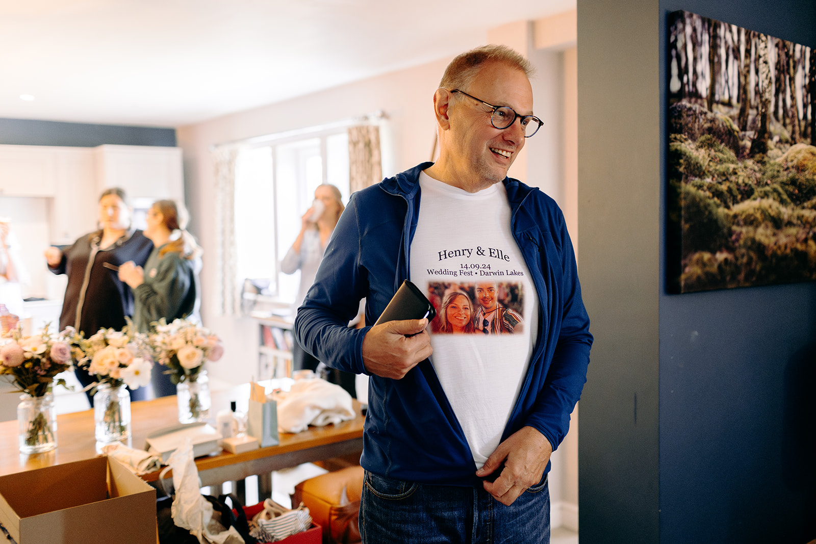 Father of the bride wearing personalised wedding t-shirt.