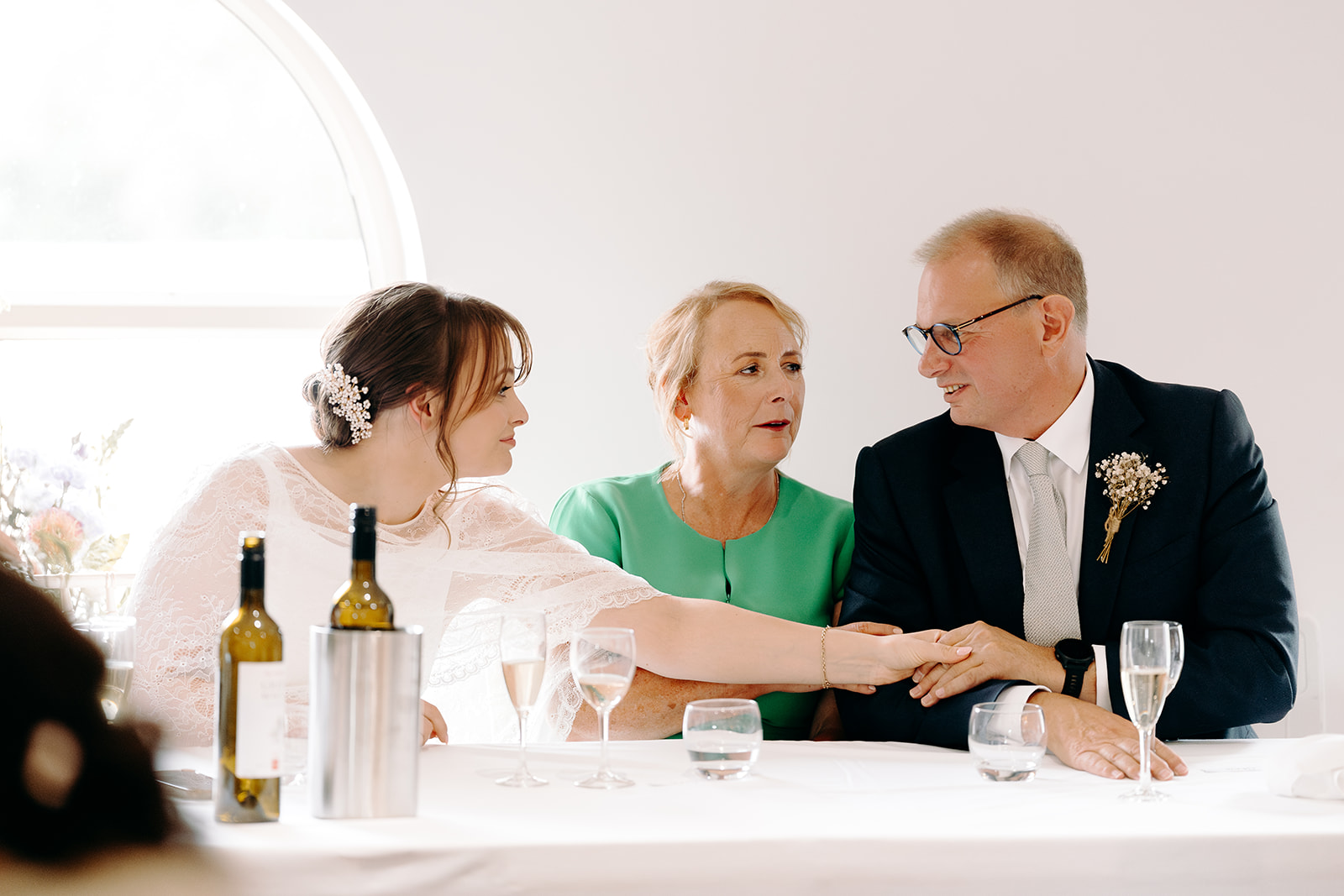Intimate moment of the bride thanking her dad for his speech at a Peak District wedding.