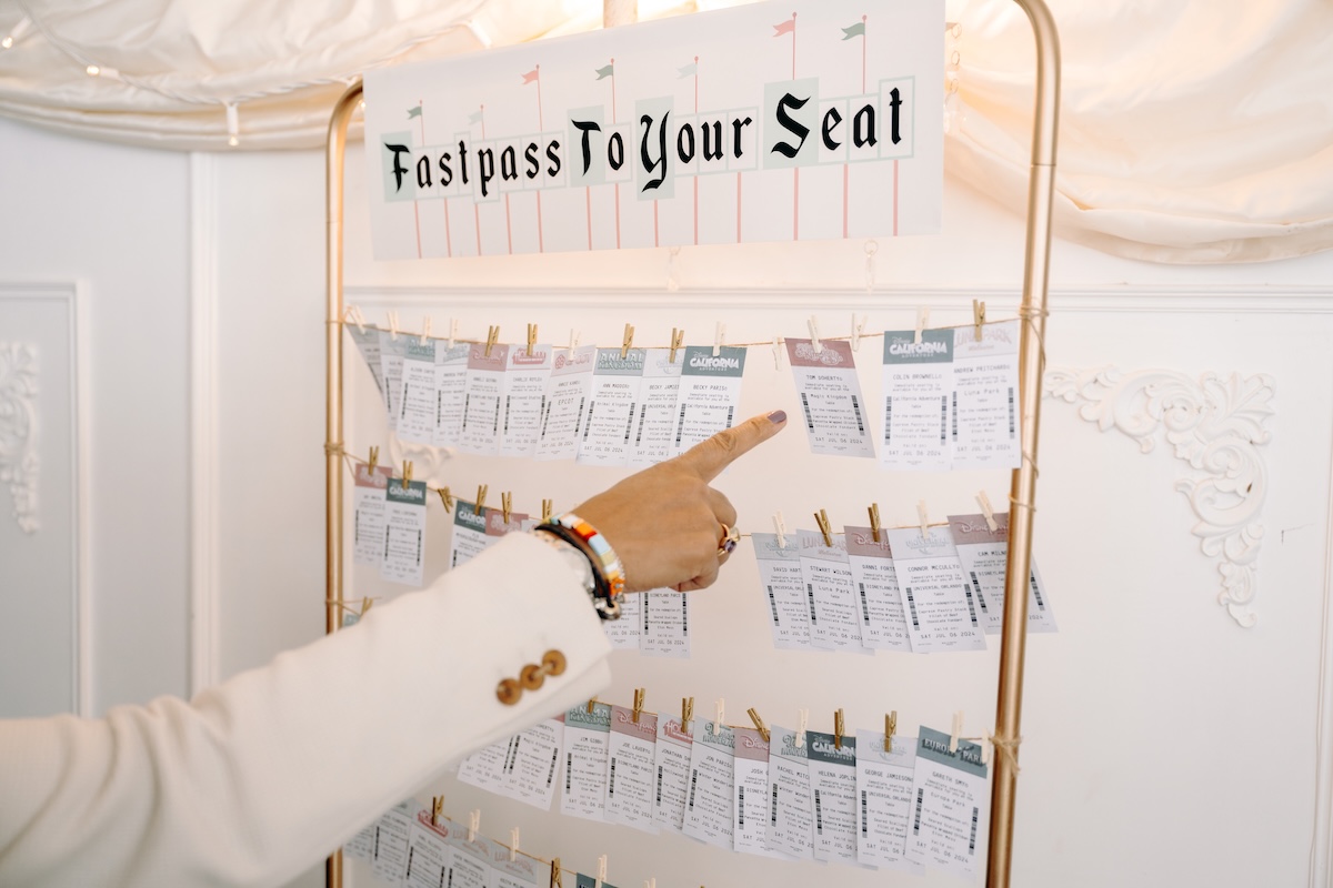 Creative detail shot of a guest reading the Fastpass-themed seating chart – playful wedding ideas at Marleybrook House.