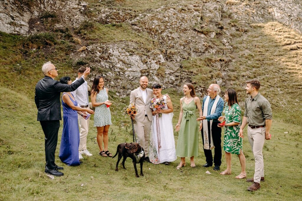 Guests celebrating with the couple immediately after the elopement ceremony.