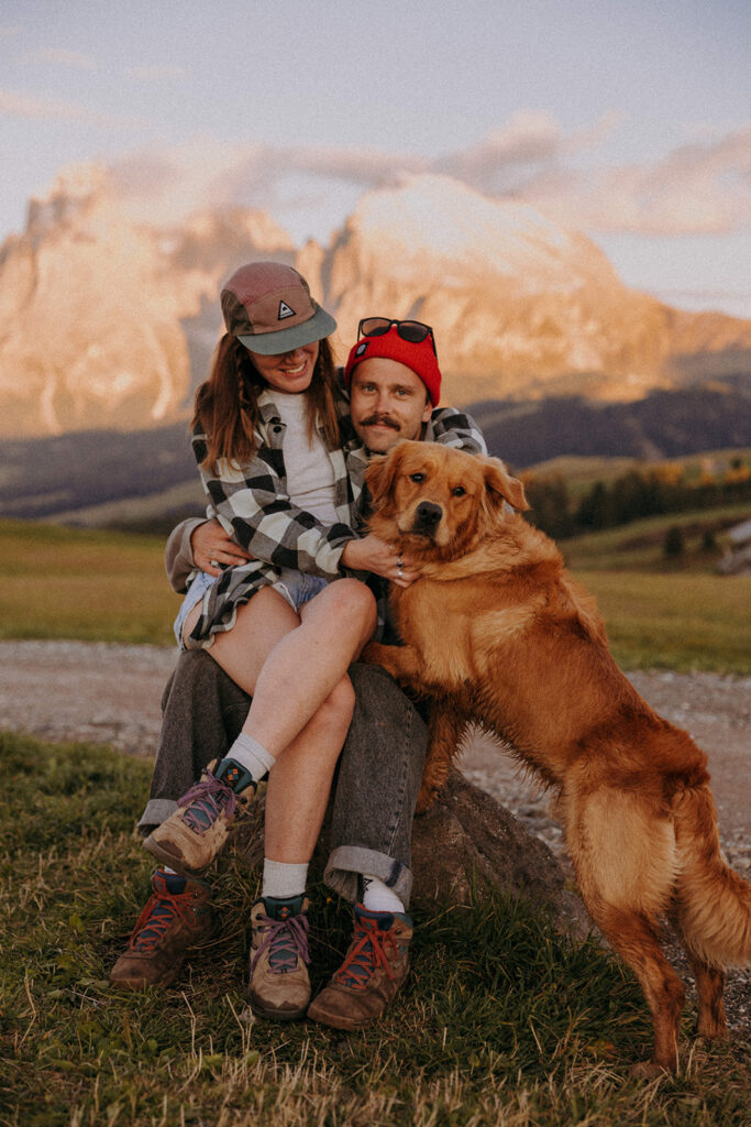 Wide landscape view of Dolomite mountains during destination couple photoshoot in Alpe di Siusi