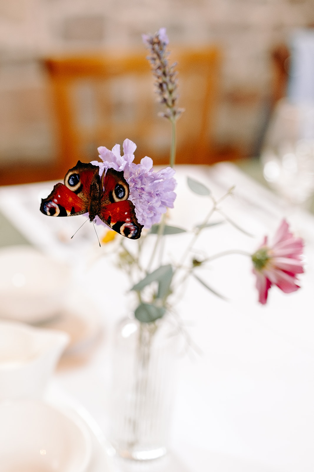 Close-up of delicate butterfly on wildflower table arrangements at Ashes Barns wedding breakfast.