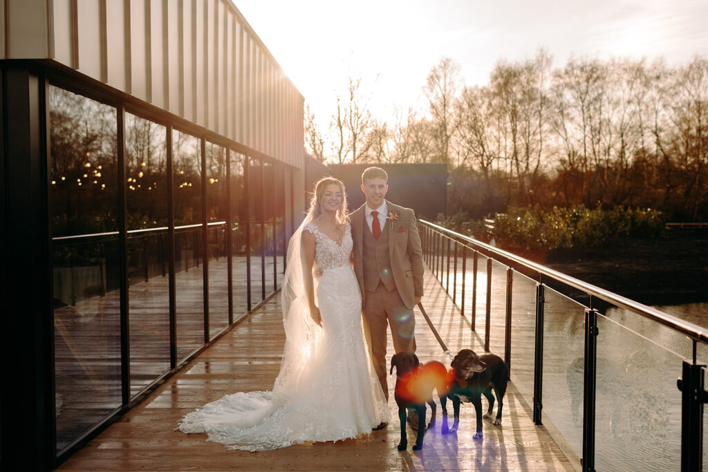 Bride and groom and their dogs at Whistle Barns during sunset portraits, photographed by a Whistle Barns wedding photographer