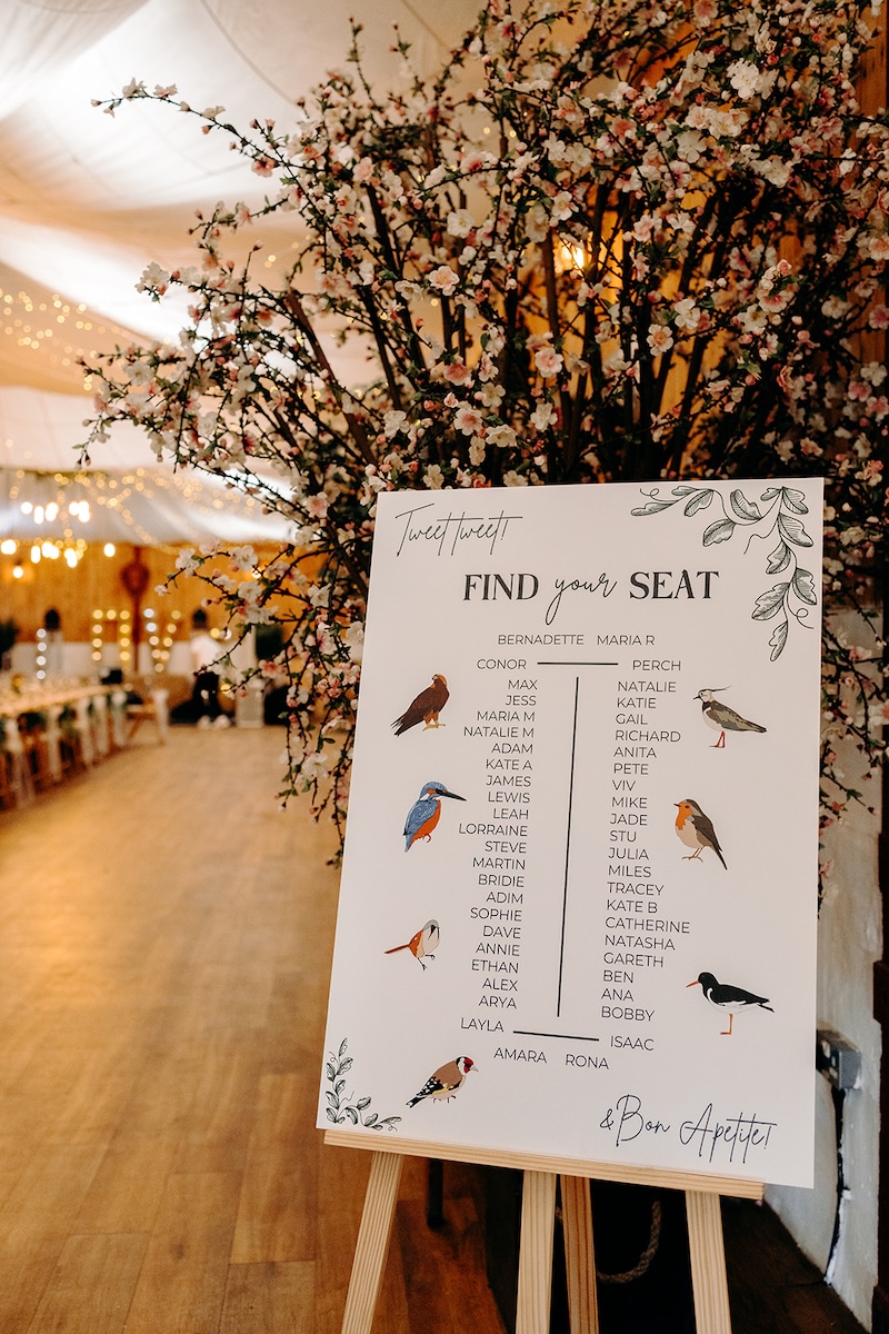Seating plan sign displayed inside the barn reception space at The Wellbeing Farm.