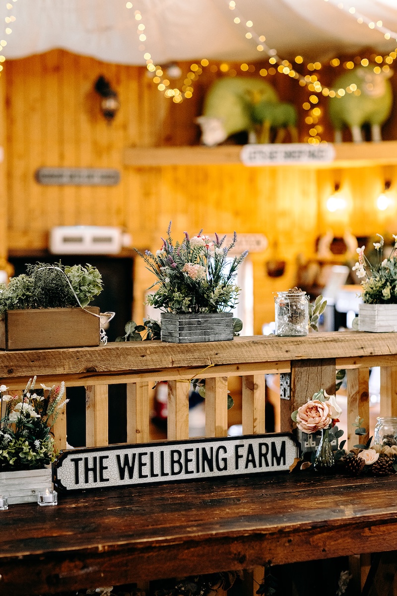 Rustic bar shelves decorated with plants and warm lights inside The Wellbeing Farm barn, photographed for a cosy winter wedding using documentary wedding photography.