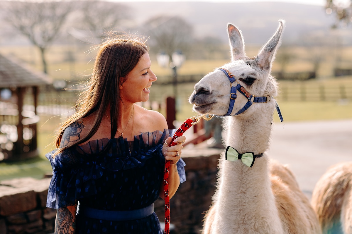 Guests smiling beside the llamas at The Wellbeing Farm, captured with natural wedding photography.